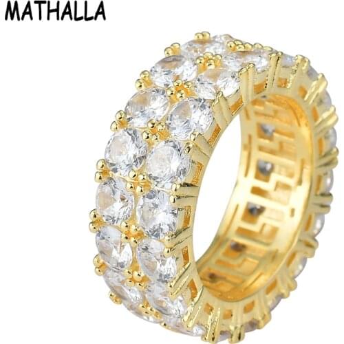 MATHALLA 2-Row CZ Solitaire Ring Men and Women Gold Silver Iced Charm Round Ring Hip Hop Jewelry Gift