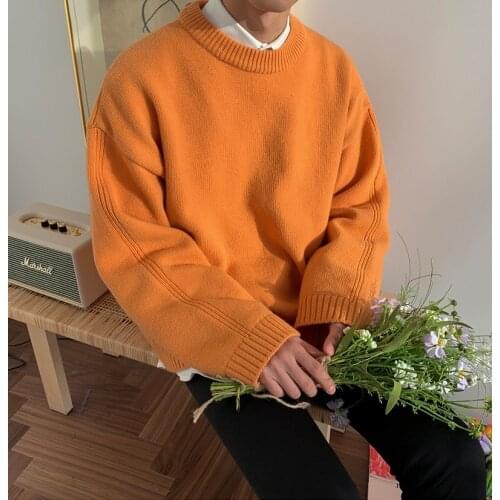 Mens solid color round neck sweater autumn and winter trend Korean style knit sweater personality loose lazy wind jacket