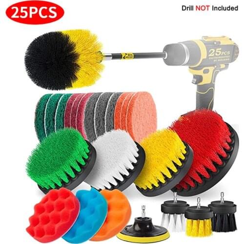 25 Pcs Drill Brush Attachments Set,Scrub Pads & Sponge, Power Scrubber Brush with Extend Long Attachment All Purpose Clean