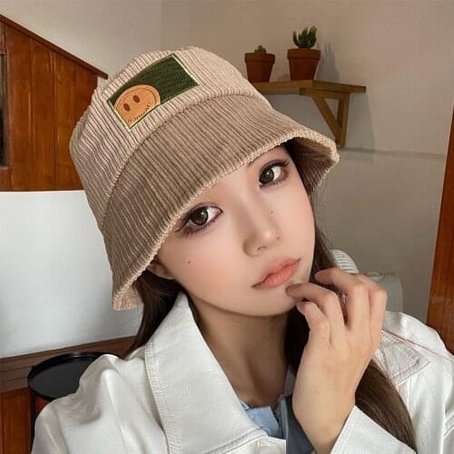 Summer Women Bucket Fishing Hats Sunscreen Sun Corduroy Cap Embroidery Smiley Patch Wear Spring Lady Student Fisherman Hat