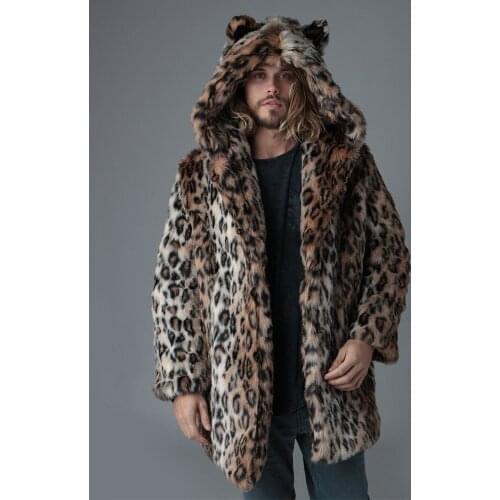 Men Leopard Fur Coat Winter Faux Fur Parka Outwear Fashion Men Punk Jackets Streetwear Long Fur Overcoats Windbreaker Coats