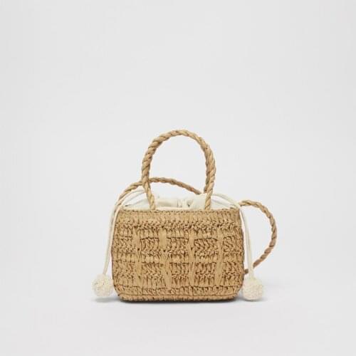 Crochet Beach Bag for Women 2021 ZA New Childrens Bag Fur Ball Square Crossbody Straw Woven Handbag Knitting Bag Tote Hand