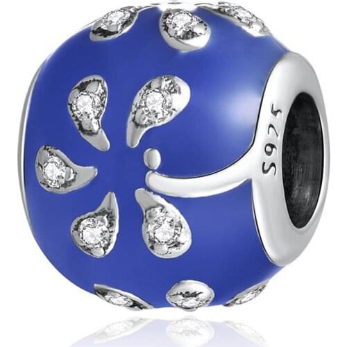 Authentic S925 Silver Blue Enamel Round Tree With Crystal Beads Charm fit Lady Bracelet Bangle For Women DIY Jewelry