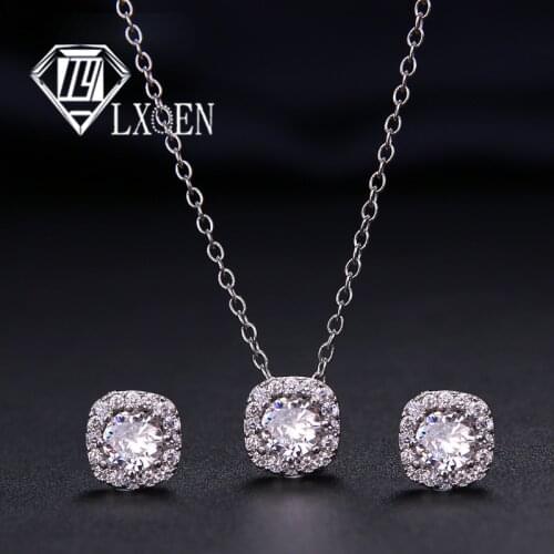 Luxury Zircon Jewelry Sets Fashion Square Earrings & Necklace/ Pendant Set Fashion Round Crystal Wedding Jewelry