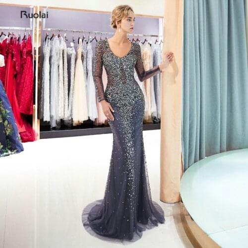 Mermaid Luxury Evening Dresses 2018 Long Sleeves V Neck Heavy Beaded Evening Gowns Formal Party Dress robe de soiree