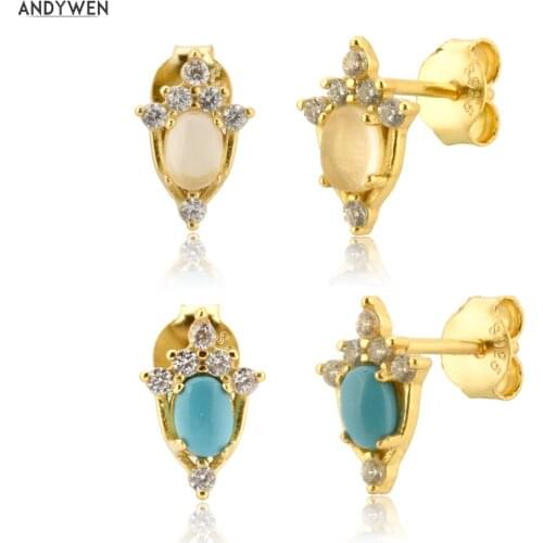 ANDYWEN 100% 925 Sterling Silver Turquoise Stud Earring CZ Zircon Rock Punk Circle Fashion EUropean Luxury Fine Jewelry