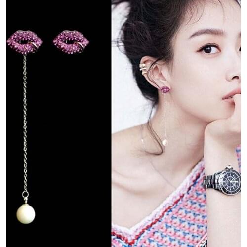 Earings Fashion Jewelry 2020 New Asymmetric Long Tassel Crystal Lip Pearl Earrings Brincos Korean Earrings For Women