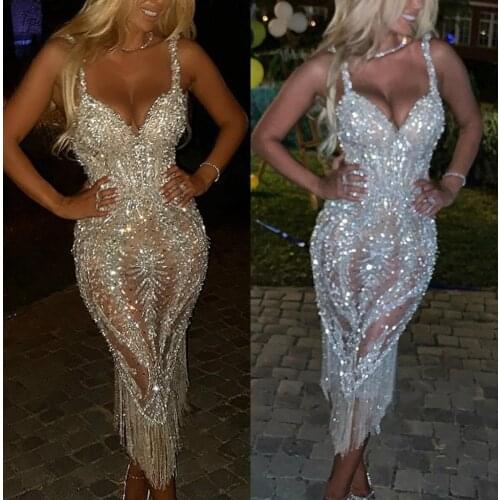 Major Beading Mermaid Evening Dresses V Neck Lace Sequins Tassel Luxury Prom Dress Custom Made Tea Length Robes De Soirée