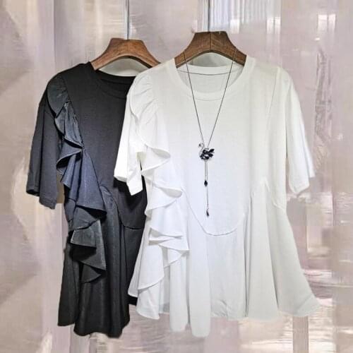 Irregular Ruffle Hem Patchwork Fake Two Loose Slim Short Sleeve O Neck Solid Woman Tshirts U082