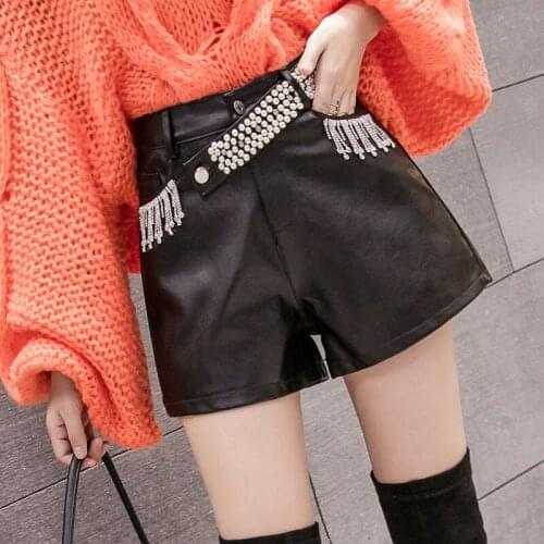 Autumn 2020 new leather shorts fringed beading short trousers for women winter high waist wide leg shorts