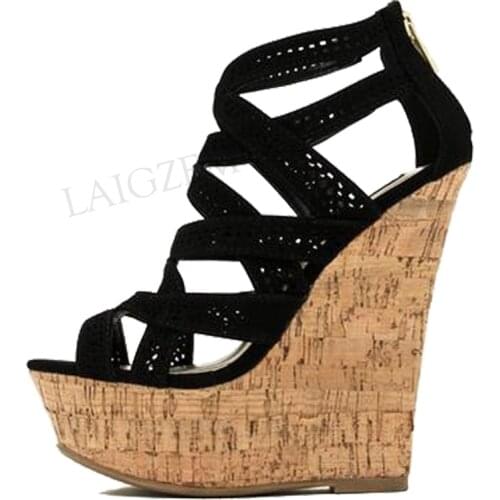 LAIGZEM Women Sandals Faux Suede Platform Wedges Heels Sandals Cut Outs Shoes Woman Vacation Sexy Sandalia Zapato Big Size 34-52