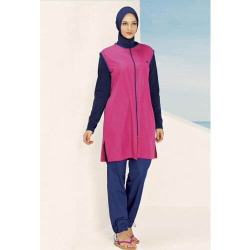 Women Hasema Hijab Modest Muslim Swimwear Casual Cut Coif Torsolette Tights Swimsuit Long-Sleeve Full Cover Sea Pool Fuchsia