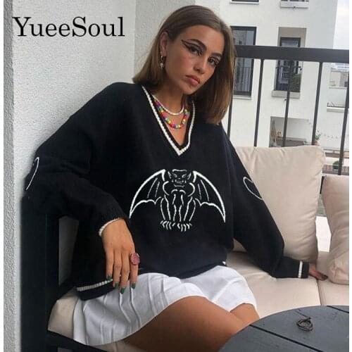 Skulls Knitted Oversized Sweater 2021 New Fall Winter V Neck Long Sleeve Women Jumper Fashion Loose Y2K E-girl Casual Pullovers