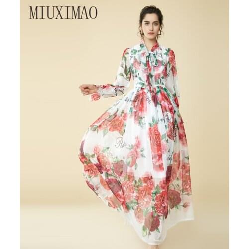 Runway Designer Boho Maxi Dress Womens Elegant Beach Vacation Flower Printing Long Dress Bow Collar Floor-Length Party Dresses