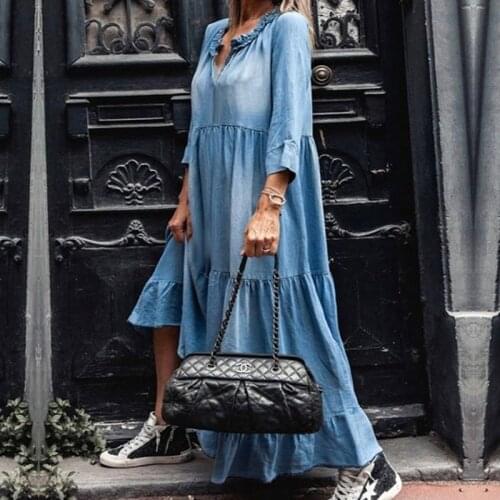 Summer Ruffles Denim Dresses Women 2021 Casual V-Neck Half Sleeve Loose Maxi Dresses Irregular Short Dress Sundress Vestidos 3XL