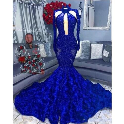 2020 Royal Blue Mermaid Prom Dresses Long Sleeves Sweep Train Plus Size Formal Evening Special Occasion Gowns Robes De Soirée