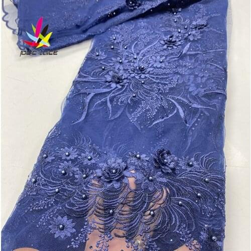3D Flower Lace Embroidered Fabric Beads Nigerian Latest Design Navy Blue Color African French High Quality Best Selling Beaded