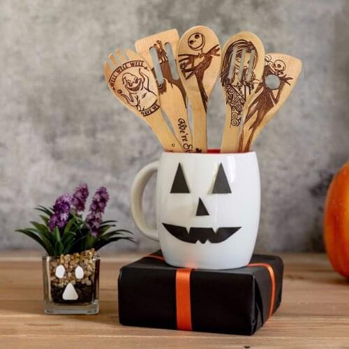 5PCS Halloween Bamboo Wood Wok Shovels Slotted Spatula Spoon Mixing Holder Cooking Utensils Dinner Kitchen Shovels Supplies