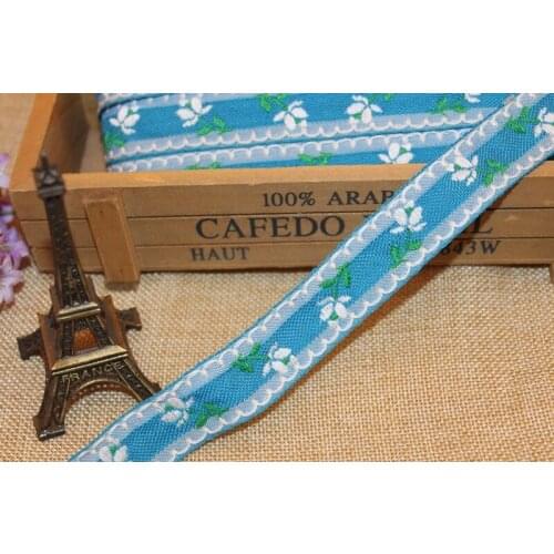 5 yards/lot 2.4cm Woven Jacquard Ribbon blue white Flower Craft Cotton