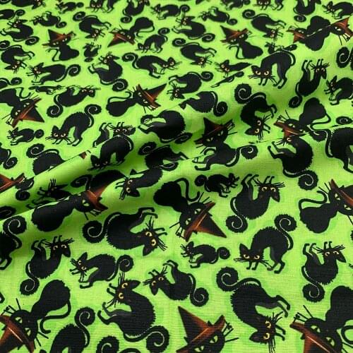 Beautifu 110cm Width 100% Cotton Fabric Sewing Children Clothing Dress Green Halloween Black Cats Printed Fabric Printed DIY