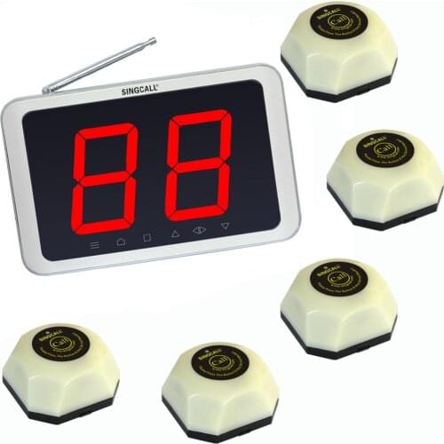 SINGCALL Wireless Table Bell Call Button, 5 White Single Button Bells and 1 White Receiver