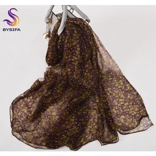 [BYSIFA] New Purple Coffee Silk Scarf Shawl Female Fashion Noble Long Scarves Brand Ladies Pure Silk Neck Scarf Beach Cover-ups