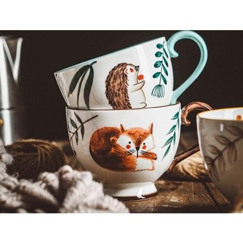 Porcelain Cat Fox Bird Hedgehog Deer Mug Ceramic Hand Painted Coffee Tea Milk Water Cup For Home Family Office Kitchen Drinkware