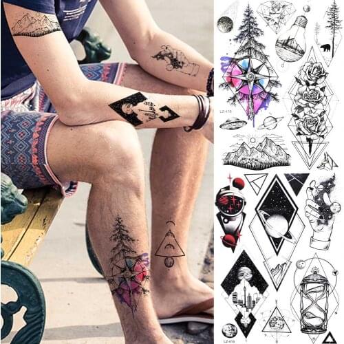 GoldOcean Men Cool Triangle Moon Tattoo Stickers Women Arm Art Temporary Tattoo Geometry Pine Tree Rose FLower Fake Tatto Planet