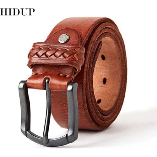 HIDUP Top Quality Pure Solid Cow Cowskin Leather Belt Black Pin Buckle 100% Genuine Belts Retro Styles Jeans Accessories NWJ295