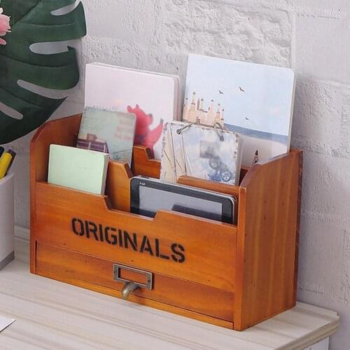 Hot Wooden Office Document Letter Rack Storage Holder Grid Card Desktop Wall Mounted Desktop Organize Remote Control Storage Box