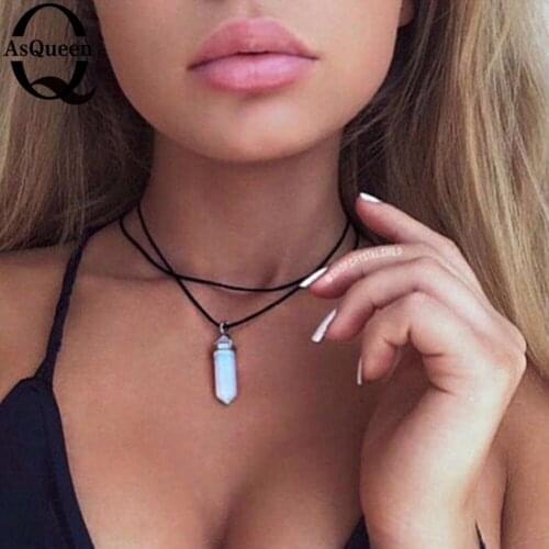 Pu leather natural crystal stone opal choker necklace fashion boho choker for women jewelry party gift