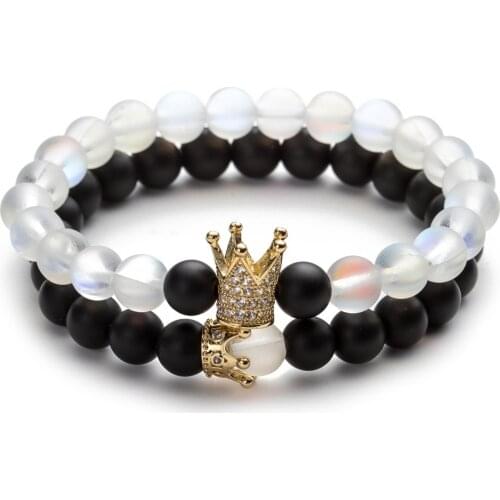 2-Piece Crown Set Couple Bracelet Moonstone Beaded Frosted White Crystal Bracelet Lady Crown Charm Bracelet Black Frosted Pulser