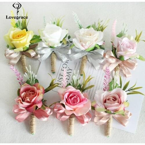 Lovegrace Wedding Groom Boutonniere Artificial Flowers Buttonhole Bridesmaid Corsage Bracelet Silk Flowers Brooch Marriage Pins