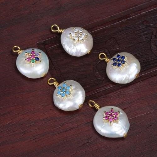 Micro paved multi color cz tiny gold snow snowflake charms freshwater pearl pendant bead charm for choker earring jewelry making