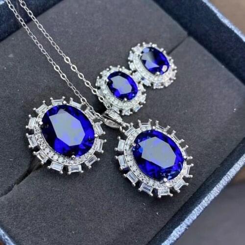 New Coming Natural And Real Sapphire Set 925 Sterling Silver 1pc Sapphire Ring,2pcs Sapphire Earring,1pc Sapphire Pendant