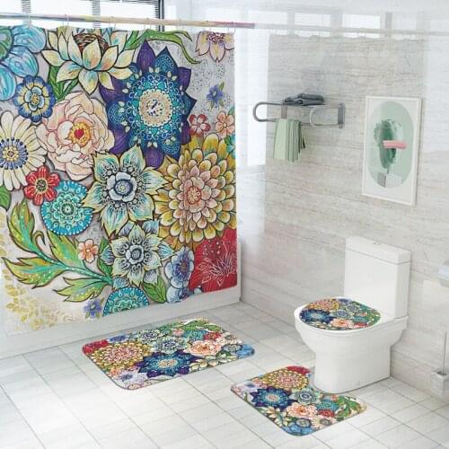 Floral Printed Bathroom Mats Set 3pcs and Shower Curtain Waterproof Shower Carpet Toilet Rug Anti Slip Bath Mat Water Absorbent