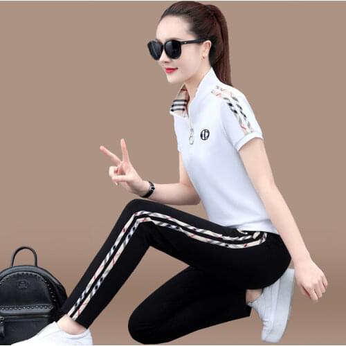 Casual Joggers 2 Piece Set Women Outfit Side Stripe Zip Stand Collar Plus Size Tracksuit Short Sleeve Summer Fashion Sweatsuit