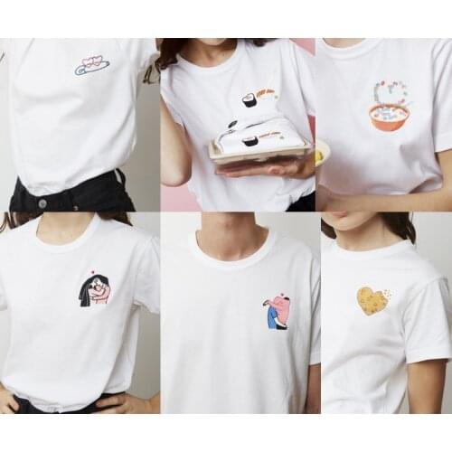 Women T-shirt Couple Sushi Love Cartoon Fun Embroidery Short Sleeve T-shirt White