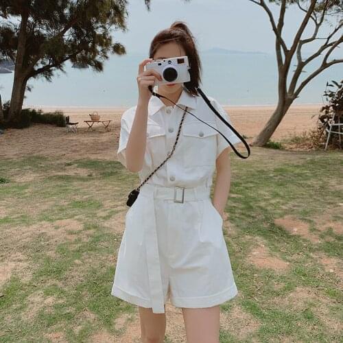 2021 Summer White Shorts Jumpsuits Women Short Sleeve Lapel Elegant Korean Loose Casual Wide Leg One Piece Overalls Romper