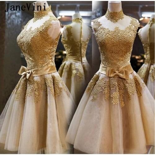 JaneVini 2020 Gold Lace Bridesmaid Dresses Short Plus Size Formal Dress Women Elegant High Neck Sheer Tulle Wedding Party Gowns