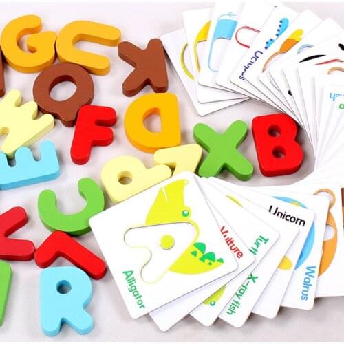 26pcs Wooden Preschool English Learning ABC Alphabet Letter Card Early Education Baby Cognitive Toys Animal Enlightenment Puzzle