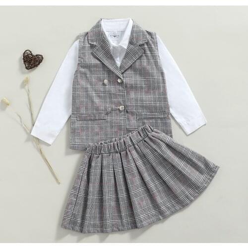3Pcs Kids School Suit, Lapel Long Sleeve Shirt Matching Plaid Suit Waistcoat + Pleated Skirt for Girls, 2-7 Years
