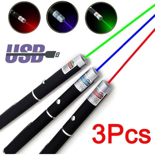 3pcs USB Charging Tri-color Laser Sight Pointer 5MW Red Blue Green Dot Pointer Pen Meter 405Nm 530Nm 650Nm First Aid Beam Light