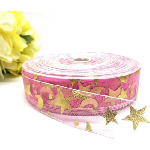 5Yardsl 25mm Transparent Gauze Ribbon Star Moon Printing Pattern Gift Packaging Christmas Ribbon DIY Handmade Accessories #09