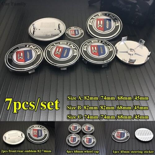 7pcs/set Car steering wheel Label 45mm Carbon Front Emblem 82mm Rear Trunk Badge 74mm Car Wheel Hub Center Cap 68mm For Logo