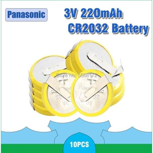 10pcs 3v Panasonic cr2032 button battery coin cell with 2 mounting pins/tabs single use 2 Soldering Pins Motherboard Calculator