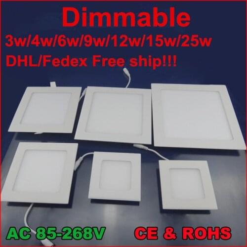 DHL Free shipping 10PCS/lot 4W 6W 9W 12W 15W 25W AC85-265V Brightness Adjust Dimmable Ceiling LED Panel Light With Power Adapter