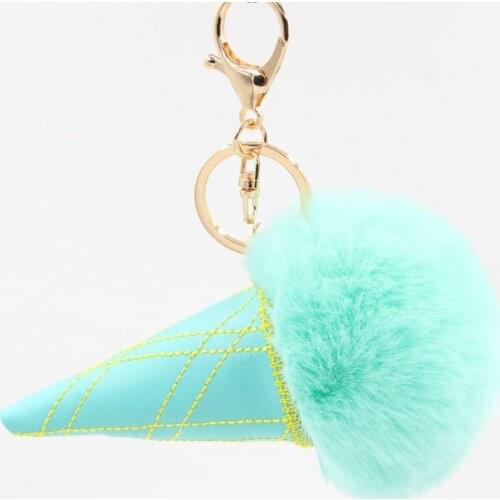 Ice Cream PU Leather Keychain Simulation Rex Rabbit Hair Keyring Porte Clef Pompom De Fourrure Ladys Shoulder Bag Car Pendant
