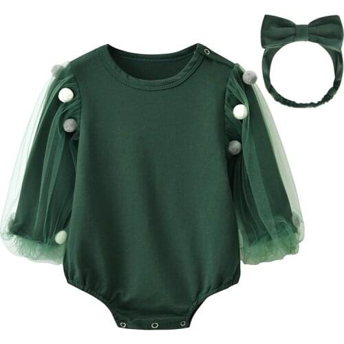 Baby Girl Bodysuit Long Sleeve Onesie Little Girls Clothing Green Lace Jumpsuits with Hairband 0-24M