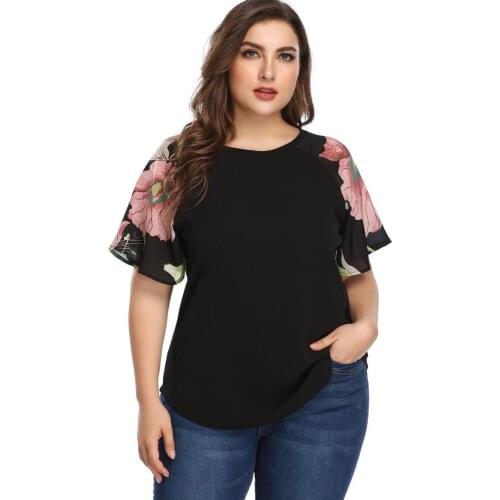 DOIB Women Large Size Blouse Patchwork Flare Short Sleeve Shirt Oversize Tops Blouse Women Vintage Summer Plus Size Blouse 4XL